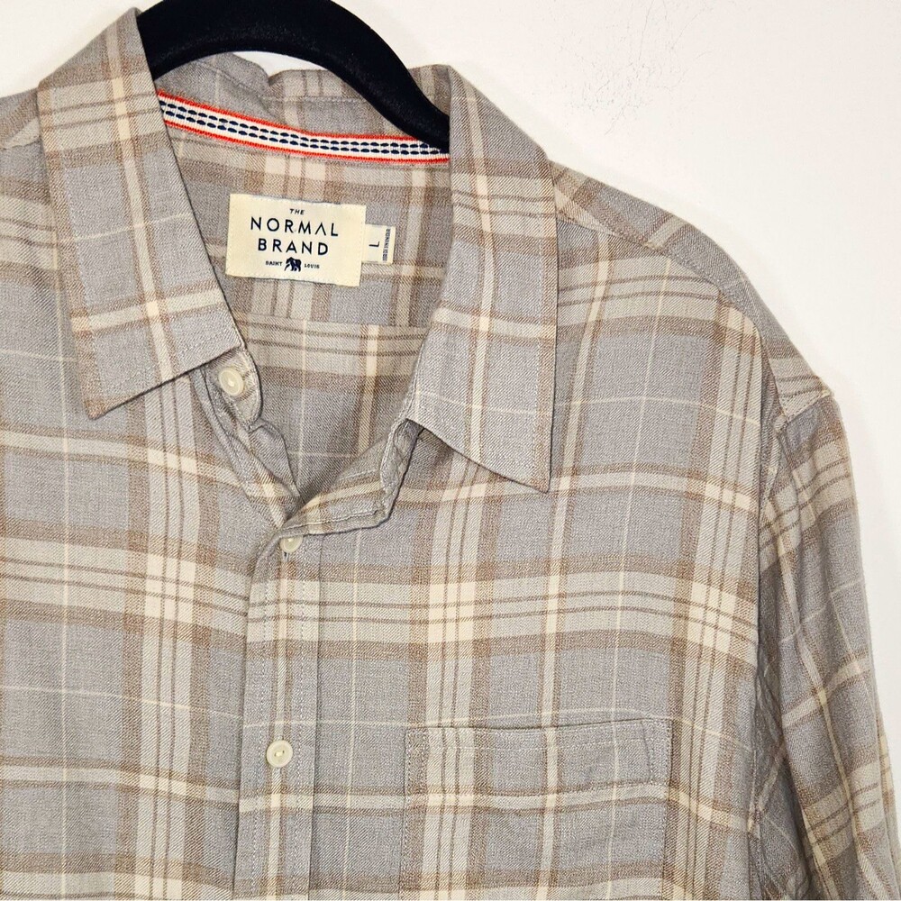 The Normal Brand Men's L Gray/Beige Plaid Cotton Button-Up Shirt SS Pockets